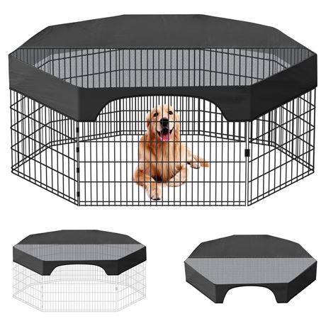 Pet Playpen Cover, Jhua 24 Inch 8 Panels Dog Playpen Cover for Pets, Half Mesh
