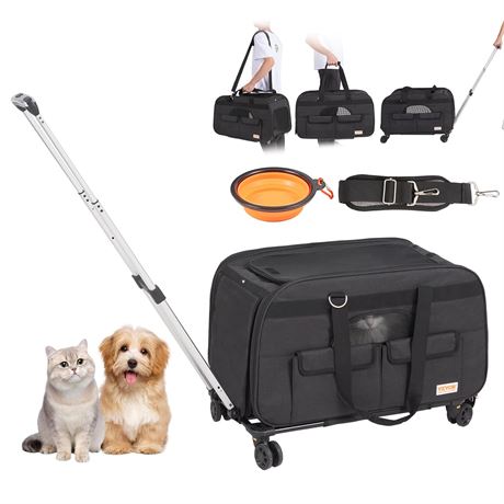 VEVOR Cat Carrier with Wheels, Rolling Pet Carrier with Telescopic Handle