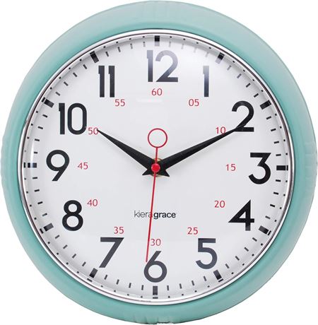 Kiera Grace Wall Clock, 9.5 Inch, Retro Mint ClassicWall Clocks Battery Operated