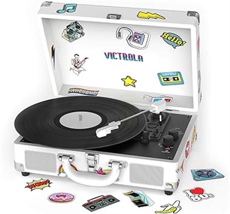 Victrola VSC-400SB-CNV-SDF Bluetooth Suitcase Turntable Canvas - Stickers (White