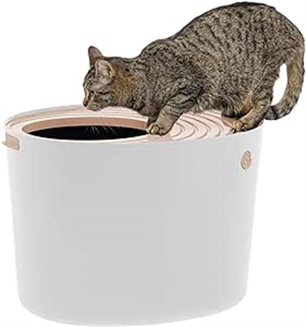 IRIS USA Large Stylish Round Top Entry Cat Litter Box with Scoop White/Beige