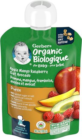 12 Pack,GERBER ORGANIC PURÉE Apple Mango Raspberry Avocado Oat