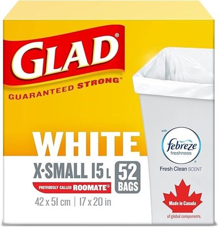 Glad White Garbage Bags - X-Small 15 Litres - Febreze Fresh Clean Scent, 52