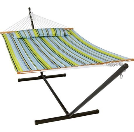 130x55in Sunnydaze 2 Person Quilted Spreader Bar Hammock with Stand Blue & Green