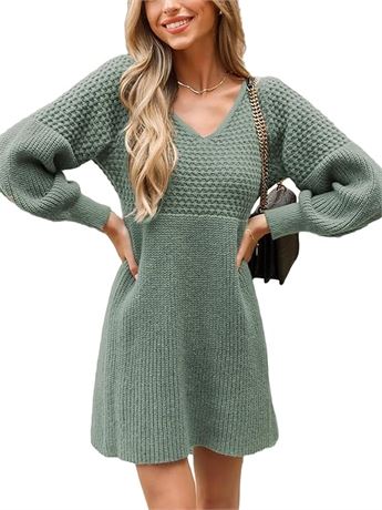 MED - CUPSHE Women's Sweater Dress V Neck Honeycomb Long Sleeve Textured Casual