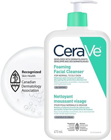 473 ml CeraVe FOAMING Face Cleanser, Gentle Face Wash with Hyaluronic Acid,