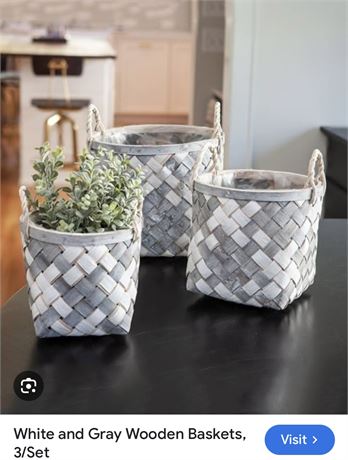 3 wooden baskets - whitewashed finish over gray, white, and natural wood strips