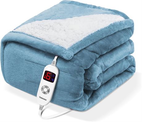 50"x60" Heated Blanket Electric Throw, Soft Flannel & Comfort Sherpa, Light Blue