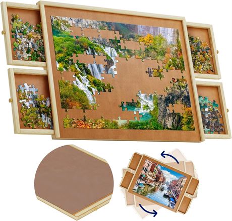 35” X 28” 1500 Piece Wooden Jigsaw Puzzle Table - 4 Drawers, Rotating Board