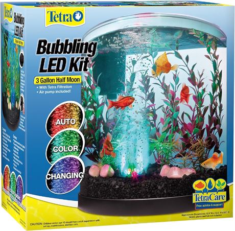 Tetra Bubbling LED Aquarium Kit 3 Gallons, Half-Moon Fish Tank, Color-Changing