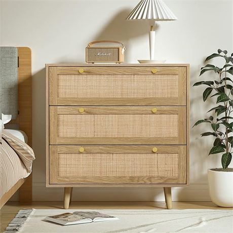 Anmytek Rattan Dresser for Bedroom, Modern Wood 3 Drawer Dresser Chest of Drawer