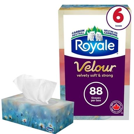 Royale Velour Facial Tissue, 6 Flat Boxes, 88 Tissues per box, 3-Ply, 528 Tissue