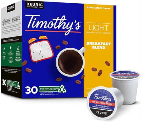 30ct Timothy`s Breakfast Blend Single Serve Keurig K-Cup Pods for Keurig Brewers