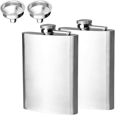 Silver Portable Hip Flask Set of 2, 8 oz Alcohol Flasks with Hip Flask Funnel