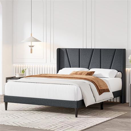 Queen Size Bed Frame with Modern Geometric Wingback Headboard, Double-Wing