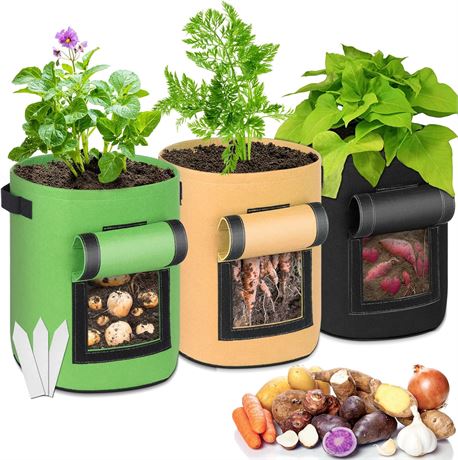 Sfee 3 Pack 7 Gallon Potato Planter Grow Bags, Double Layer 400GSM Non-Woven