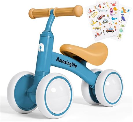Baby Balance Bike Toys for 1 Year Old, No Pedal Infant 4 Wheels Blue Baby Walker