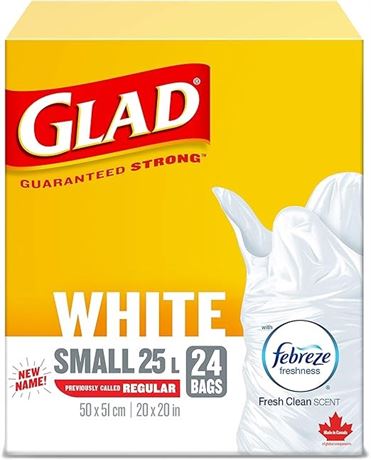 Glad White Garbage Bags - Small 25 Litres - Febreze Fresh Clean Scent, 24 Trash