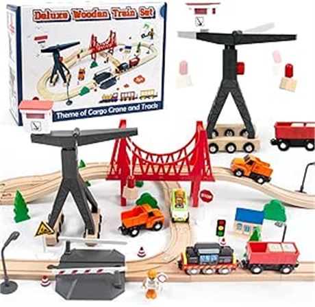 Wooden Train Set, 56-Piece Deluxe Kids Toy Train Set for 2 3 4 5 Year Old Boy,