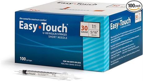 EasyTouch U-100 Insulin Syringe with Needle, 30G 1cc 5/16-Inch (8mm), Box of 100