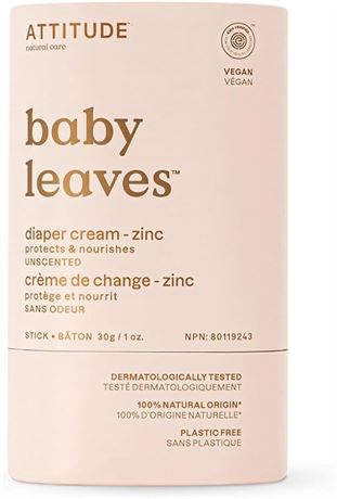 30g ATTITUDE Plastic-Free Diaper Cream Bar with Zinc for Baby, EWG Verified
