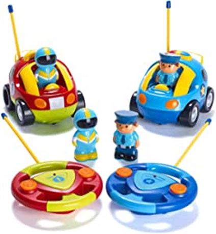 Prextex Pack of 2 Cartoon R/C Police Car and Race Car Radio Control Toys for Kid