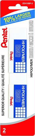 Pentel Hi-Polymer Large Eraser 2-Pack, White - ZEH10BP-2