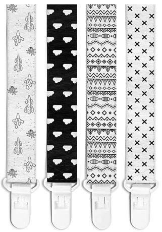 Pacifier Clips - 4 Pack Set of Unique Modern Design in Black and White