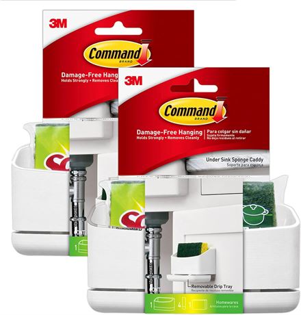 Command Under Sink Sponge Caddy, Total 2 Caddies with 8 Command Strips, 2 Pack