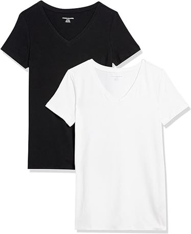 Small Amazon Essentials Women's 2-Pack Classic-Fit Short-Sleeve V-Neck T-Shirt