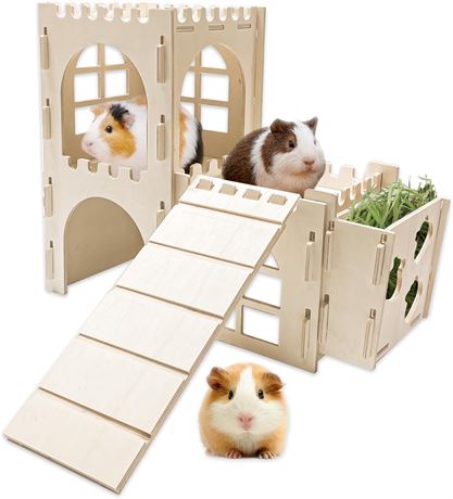 Teabelle Guinea Pig Hideout House with Feeder, Wooden Guinea Pig Castle Cage