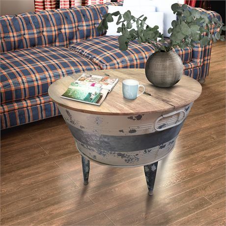 Distressed Metal Frame Cocktail Table with Hinged Lift Top Storage