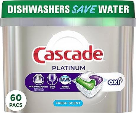 Cascade Dishwasher Detergent Pods, Platinum ActionPacs + Oxi, Fresh Scent, 60 Ct