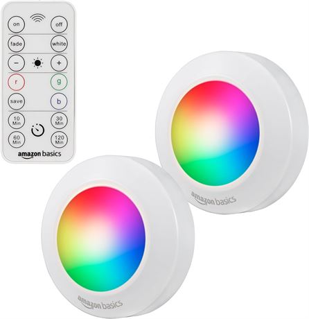 Amazon Basics LED Puck Lights, Color Changing, Battery Operated, IR Remote