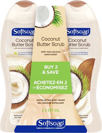 Softsoap Exfoliating Body Wash Scrub, Coconut Butter, 591 mL (2 Pack)