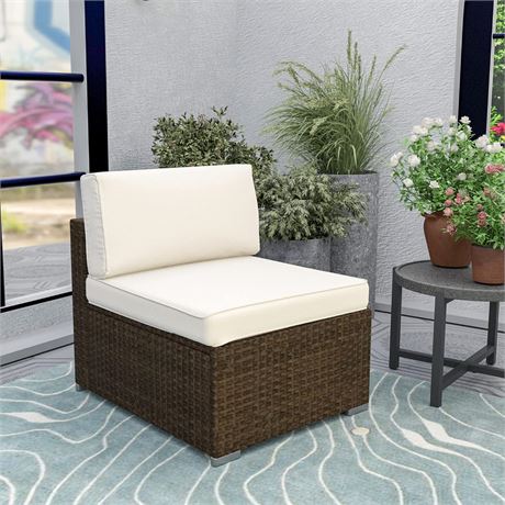 Outdoor Patio Wicker Armless Chair w Beige Cushion and Ottoman