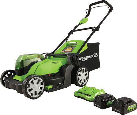 Greenworks 48V 17" Lawn Mower, 2 x 24V 4Ah Batteries and Dual Port Charger