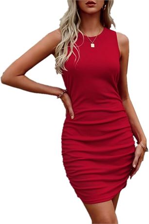 MED - AHAIJ Women’s Summer Casual Ribbed Crew Neck Ruched Bodycon Tank Dress