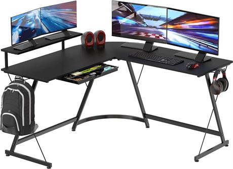 SHW Gaming L-Shaped Computer Desk with Monitor Stand, Black