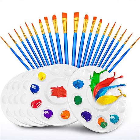 Hulameda Acrylic Painting Set 20 Pcs Nylon Hair Brushes with 6 Pcs Paint Trays
