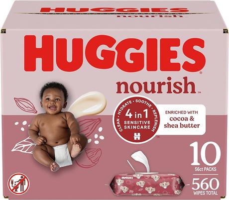 9 Push Button Packs (500 Wipes Total) Huggies Nourish Scented Baby Wipes,