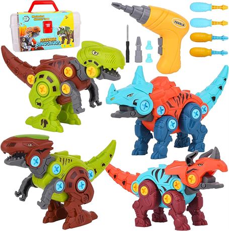 Take Apart Dinosaur Toys with Electric Drill for Kids, 4 Pack Dinosaur Building