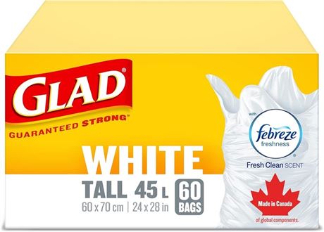 60 Count Glad White Garbage Bags - Tall 45 Litres - Febreze Fresh Clean Scent