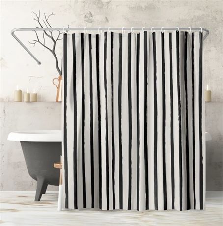 71" x 74" Abstract Shower Curtain , Vertical Black And White Watercolor Stripes