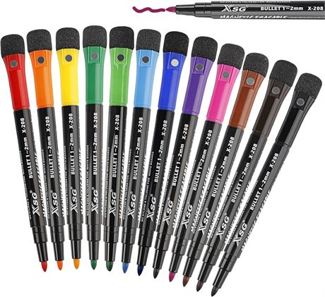 Magnetic Dry Erase Markers Fine Tip, 12 Colors Whiteboard Markers with Dry Erase