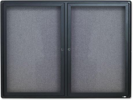 4x3ft Quartet Enclosed Fabric Bulletin Board, 2 Doors, Black Frame Gray Fabric