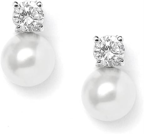 Mariell White Pearl Bridal Earrings with Cubic Zirconia Crystal Top, 9mm White