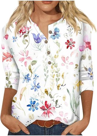 SMALL - 3/4 Sleeve Tops for Women Bohemian Printed Hawaiian T-Shirt Round Neck