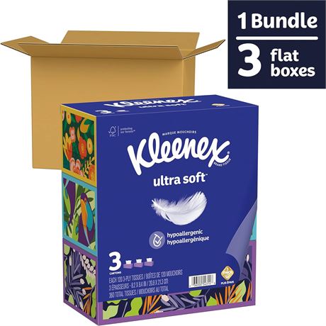 Kleenex Ultra Soft Facial Tissues, 3-Ply, Hypoallergenic, 3 Flat Boxes