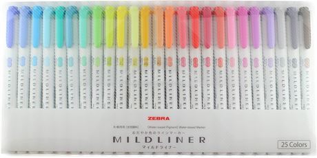 25 Colors Mildliner Water-based Marker Set, Twin tips (Bold and Fine)